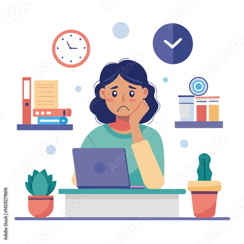 Bored woman sitting at desk. Tired sad office worker. Procrastination, burnout and boredom concept. Depressed upset exhausted lazy student. Flat vector illustration isolated on white background
