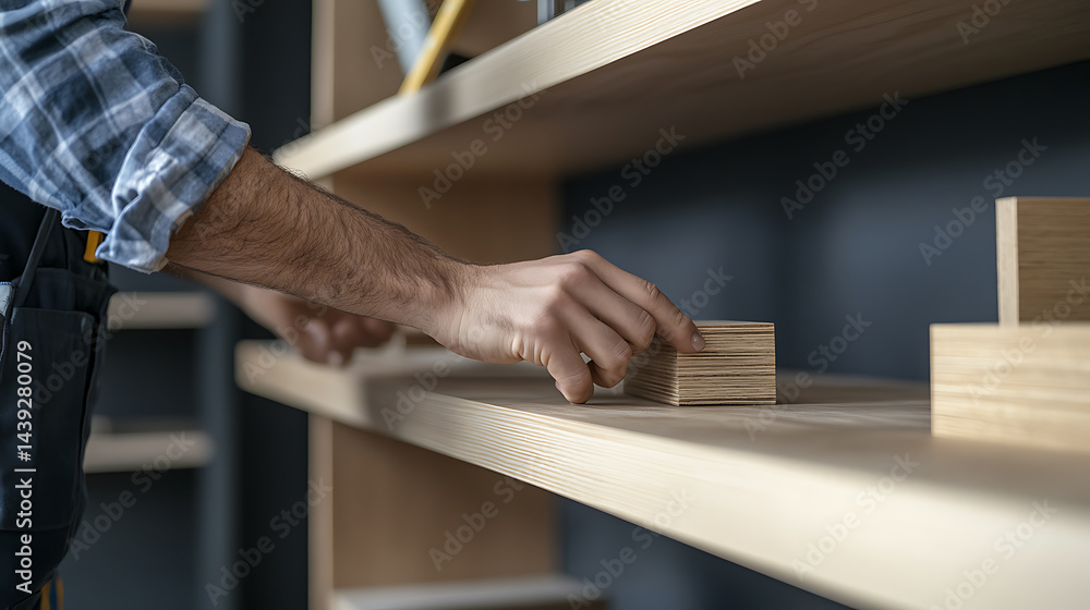 Carpenter Arranging Wooden Blocks on a Shelf Carpenter Arranging Wooden Blocks on a Shelf
