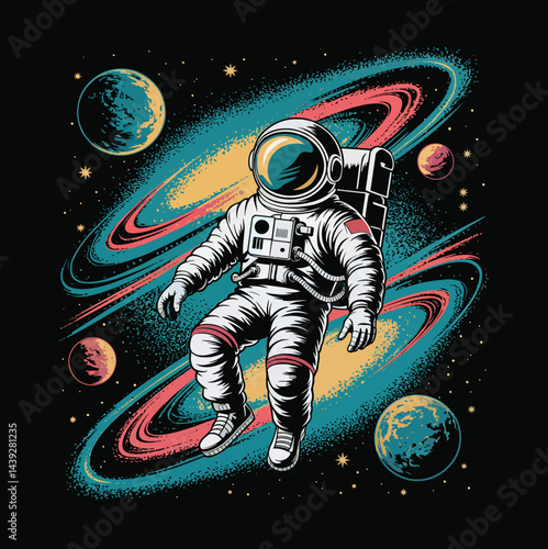 Astronaut in outer space vector illustration featuring planets stars and colorful nebula