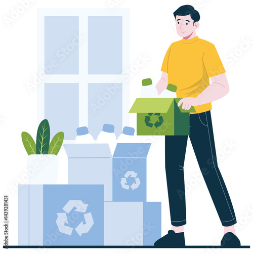Sustainability Illustration. Vector illustration of A man sorts plastic bottles into boxes for recycling at home with a commitment to environmental sustainability. Isolated on background