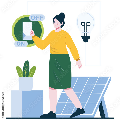 A woman turns off a big switch next to solar panels, showing the importance of saving energy and using renewable power.