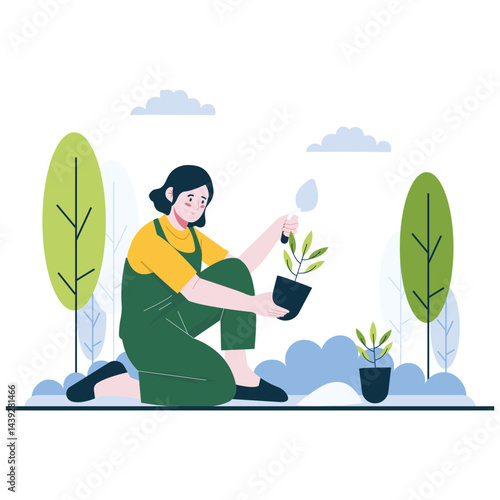 A woman kneels to plant a young tree in a green space, contributing to reforestation and sustainability.