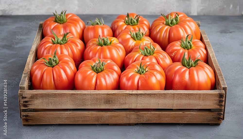 Obraz premium Many ripe red tomatoes in wooden crate on grey