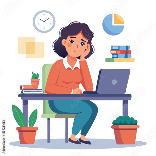 Bored woman sitting at desk. Tired sad office worker. Procrastination, burnout and boredom concept. Depressed upset exhausted lazy student. Flat vector illustration isolated on white background