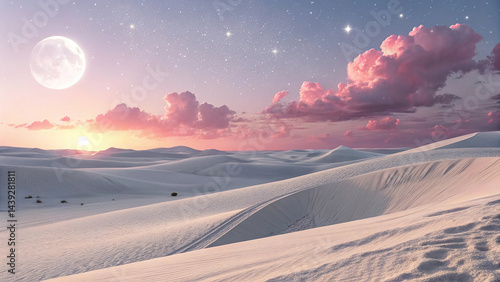 Majestic Twilight Desert Scene with Rolling Sand Dunes Under a Large Moonlit Sky, Featuring Ethereal Pink and Purple Clouds Illuminated by the Soft Glow of the Horizon