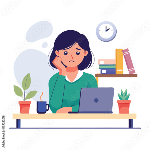 Bored woman sitting at desk. Tired sad office worker. Procrastination, burnout and boredom concept. Depressed upset exhausted lazy student. Flat vector illustration isolated on white background
