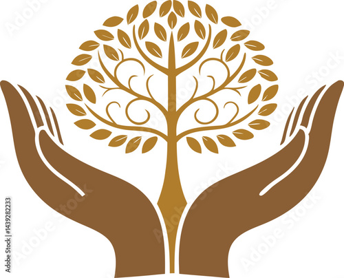 Minimalist logo design featuring two brown hands cradling a golden brain shaped tree for mental health and wellness 