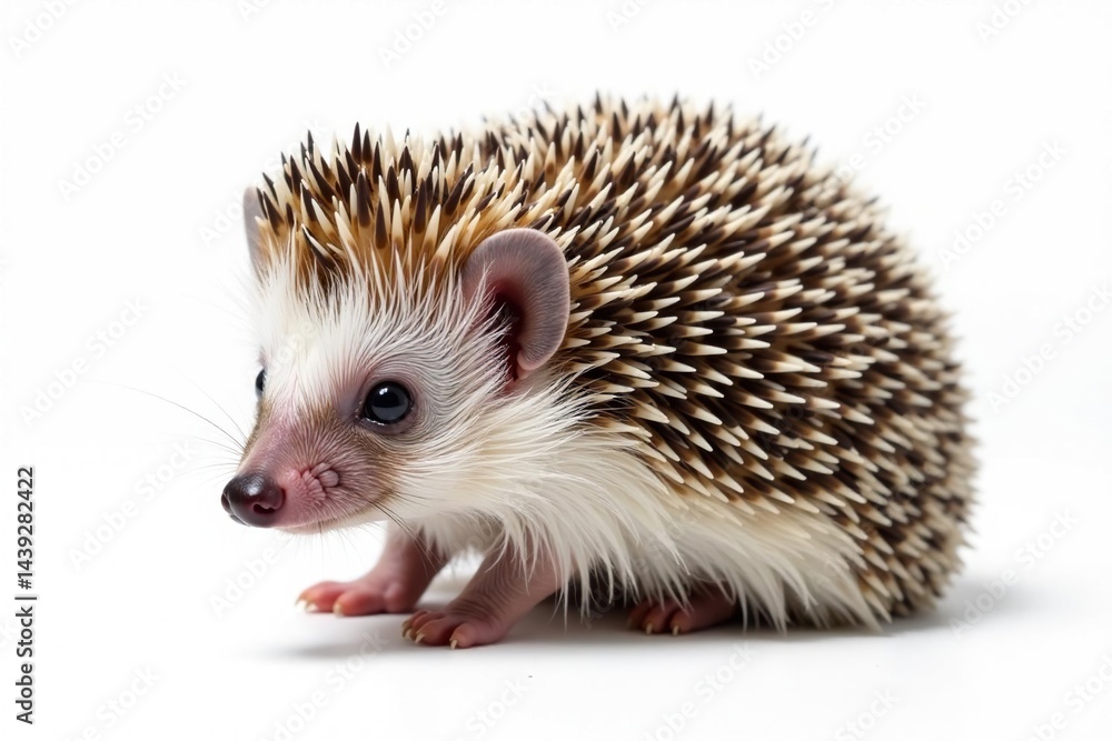 Tiny hedgehog curled, isolated on pure white background, spikes, pet, creature Tiny hedgehog curled, isolated on pure white background, spikes, pet, creature
