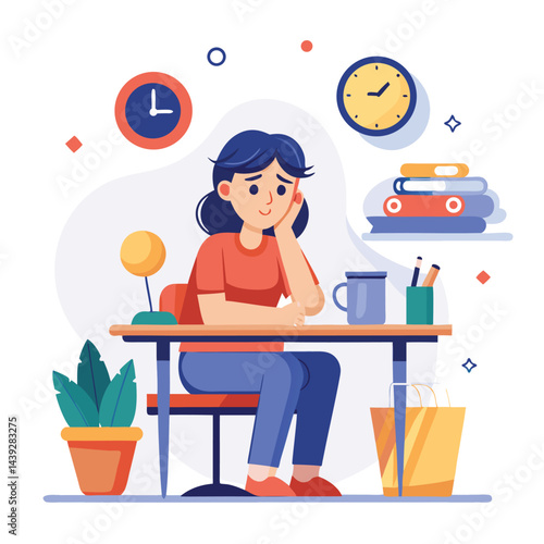 Bored woman sitting at desk. Tired sad office worker. Procrastination, burnout and boredom concept. Depressed upset exhausted lazy student. Flat vector illustration isolated on white background