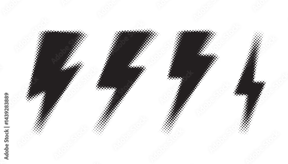 Black halftone grunge lightning bolts set. black dotted flash thunderbolt. dotted thunder bolt symbol collection