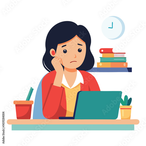 Bored woman sitting at desk. Tired sad office worker. Procrastination, burnout and boredom concept. Depressed upset exhausted lazy student. Flat vector illustration isolated on white background