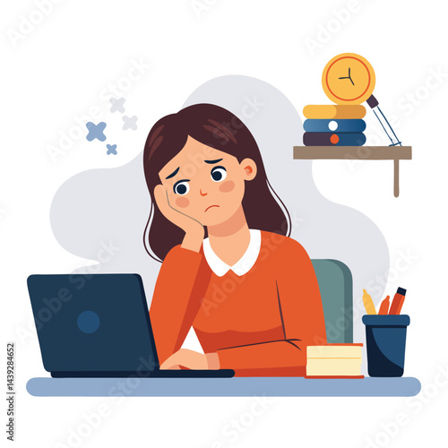 Bored woman sitting at desk. Tired sad office worker. Procrastination, burnout and boredom concept. Depressed upset exhausted lazy student. Flat vector illustration isolated on white background