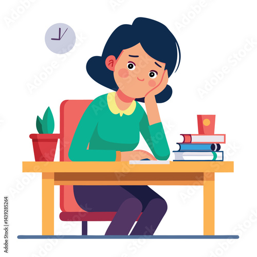 Bored woman sitting at desk. Tired sad office worker. Procrastination, burnout and boredom concept. Depressed upset exhausted lazy student. Flat vector illustration isolated on white background