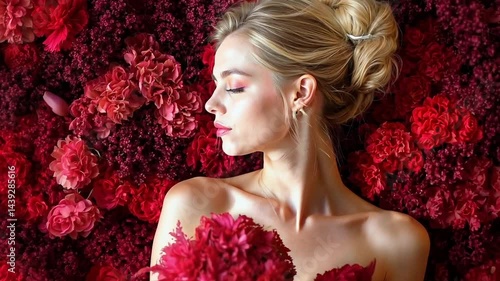 A woman in a red dress surrounded by red flowers 02