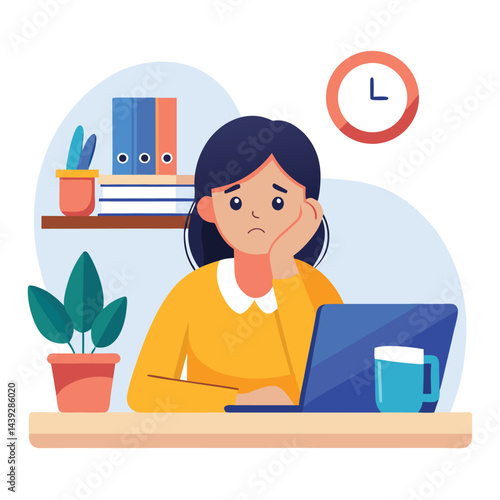 Bored woman sitting at desk. Tired sad office worker. Procrastination, burnout and boredom concept. Depressed upset exhausted lazy student. Flat vector illustration isolated on white background