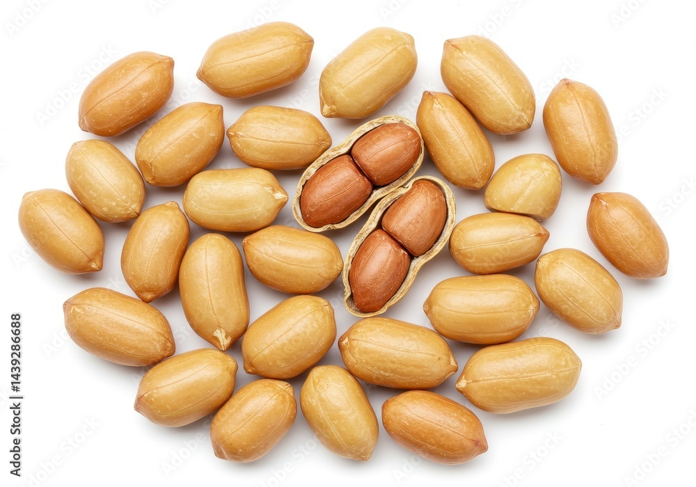 A scattered arrangement of peanuts with one peanut shell opened revealing the nuts inside it all on white A scattered arrangement of peanuts with one peanut shell opened revealing the nuts inside it all on white