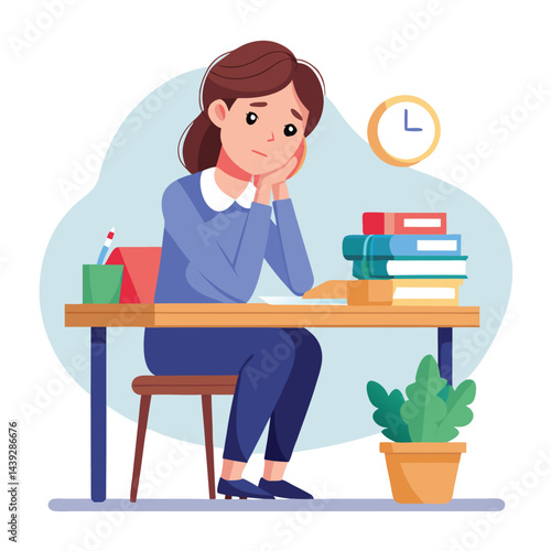 Bored woman sitting at desk. Tired sad office worker. Procrastination, burnout and boredom concept. Depressed upset exhausted lazy student. Flat vector illustration isolated on white background