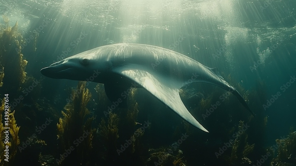 Fototapeta premium Ancient marine reptile swims serenely underwater