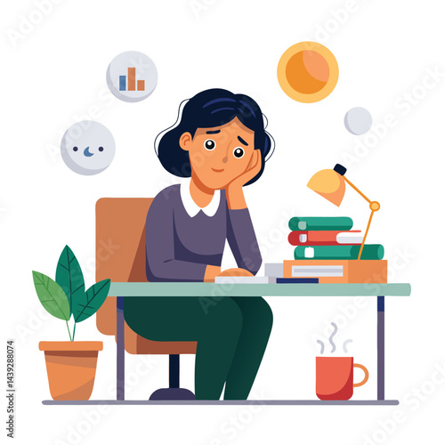 Bored woman sitting at desk. Tired sad office worker. Procrastination, burnout and boredom concept. Depressed upset exhausted lazy student. Flat vector illustration isolated on white background