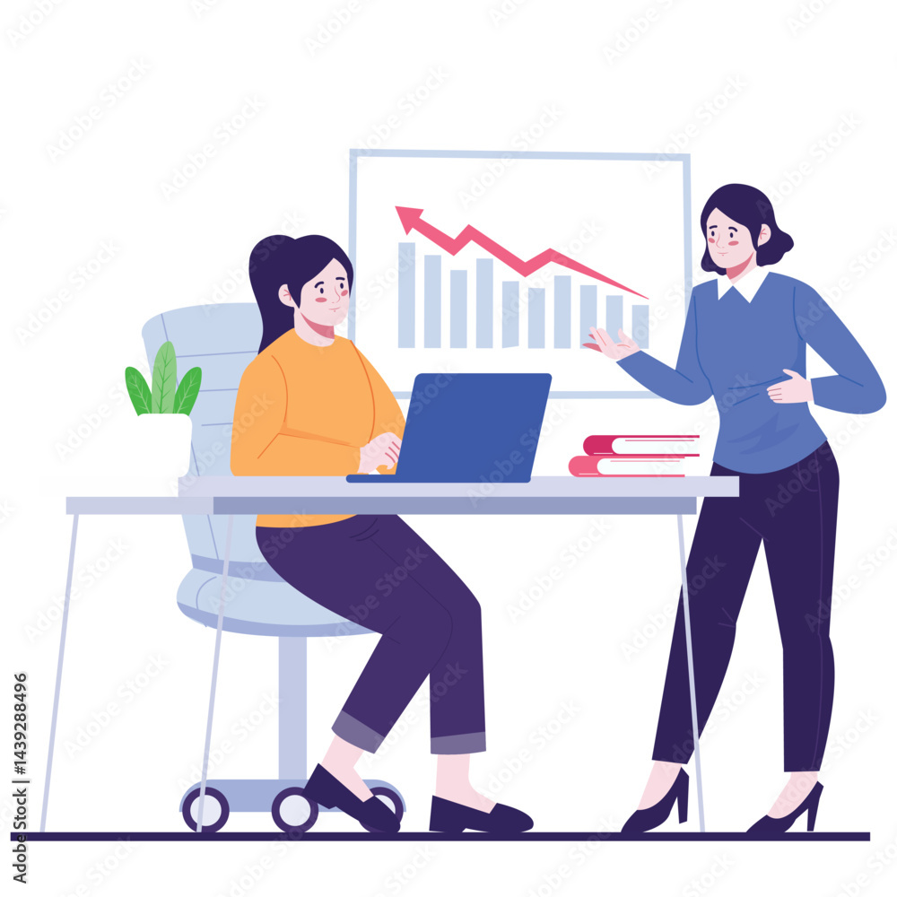 Team Work Illustration. Vector illustration of Two women discuss project results in an office, analyzing a downward trend chart. Isolated on background Team Work Illustration. Vector illustration of Two women discuss project results in an office, analyzing a downward trend chart. Isolated on background