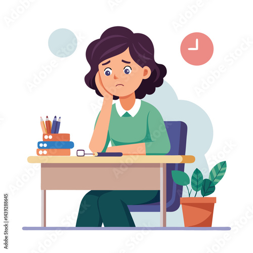 Bored woman sitting at desk. Tired sad office worker. Procrastination, burnout and boredom concept. Depressed upset exhausted lazy student. Flat vector illustration isolated on white background