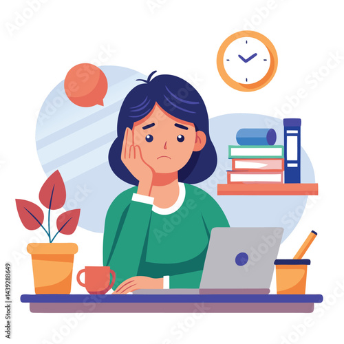 Bored woman sitting at desk. Tired sad office worker. Procrastination, burnout and boredom concept. Depressed upset exhausted lazy student. Flat vector illustration isolated on white background