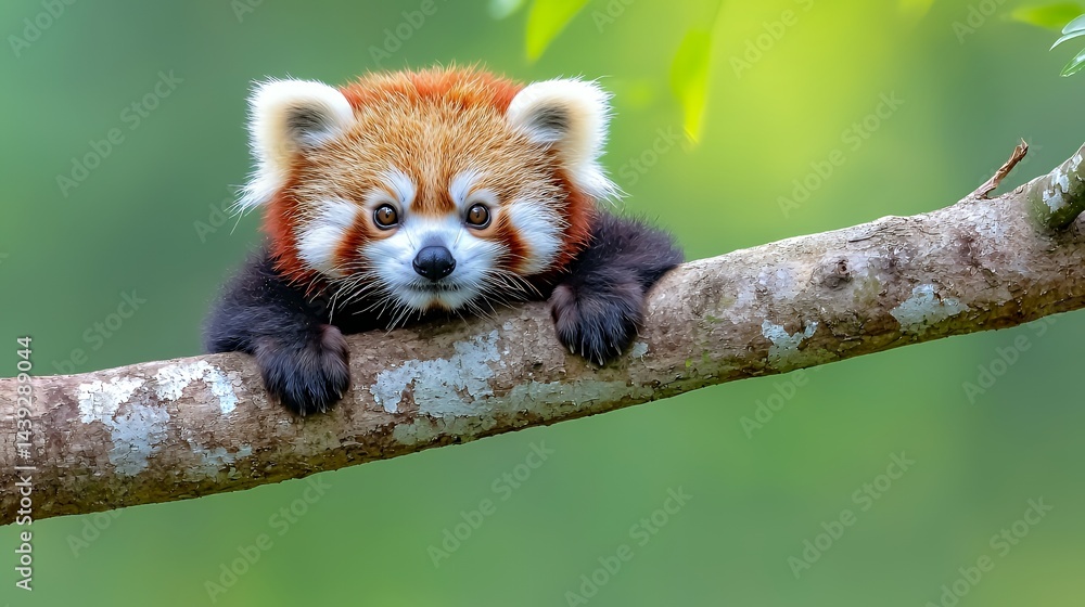Obraz premium Red Animal Resting on a Tree Branch with Green Background