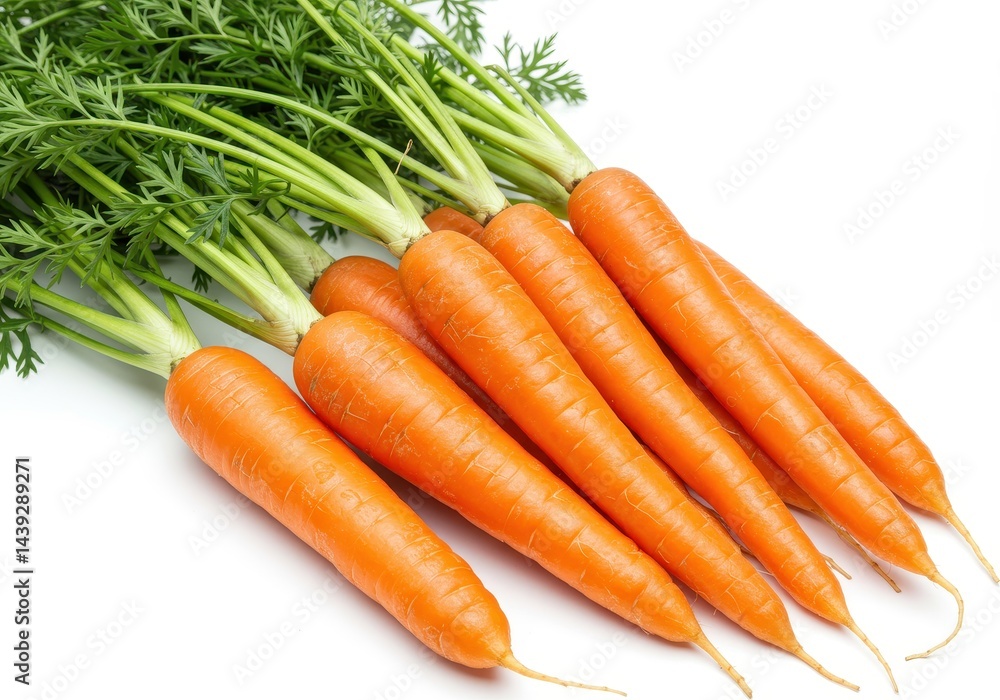 A close up of several carrots with green tops lying on a white surface in a horizontal arrangement A close up of several carrots with green tops lying on a white surface in a horizontal arrangement