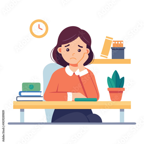 Bored woman sitting at desk. Tired sad office worker. Procrastination, burnout and boredom concept. Depressed upset exhausted lazy student. Flat vector illustration isolated on white background