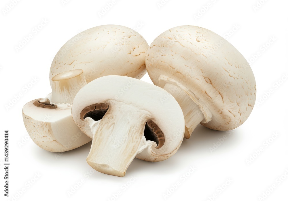 Fototapeta premium A close up shot of several white button mushrooms on a white background with a cut mushroom piece