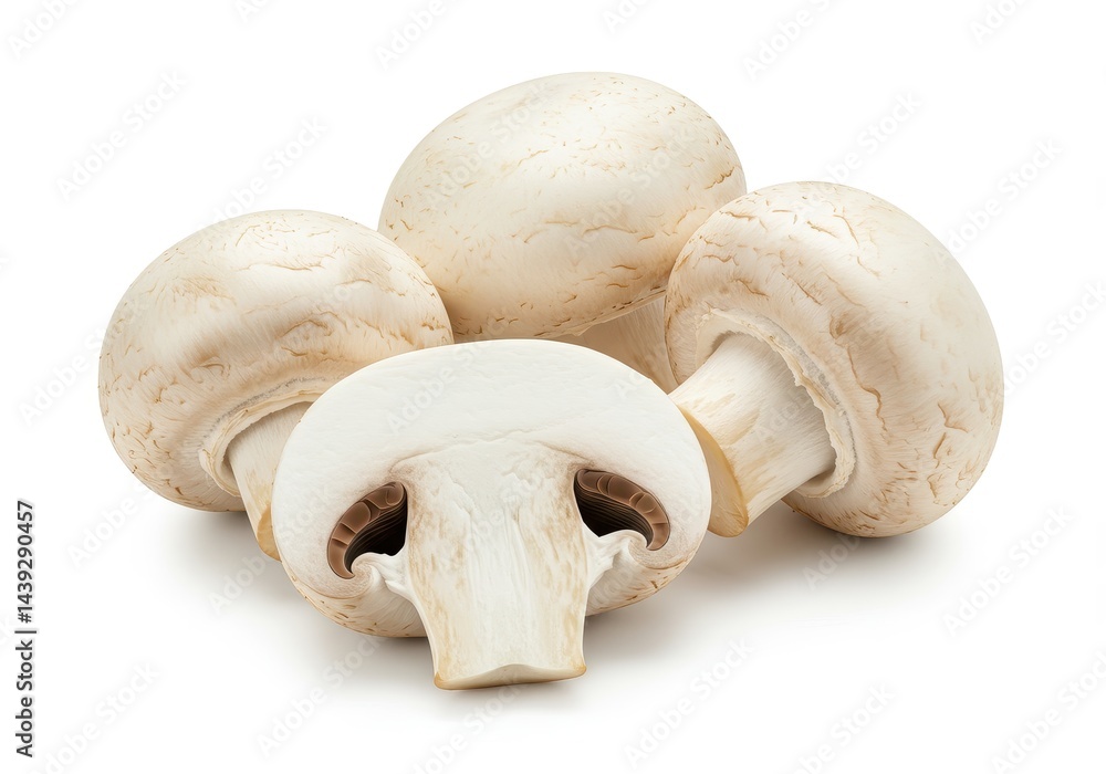 Fototapeta premium A close up shot of several white button mushrooms with one cut in half on a white background plain view