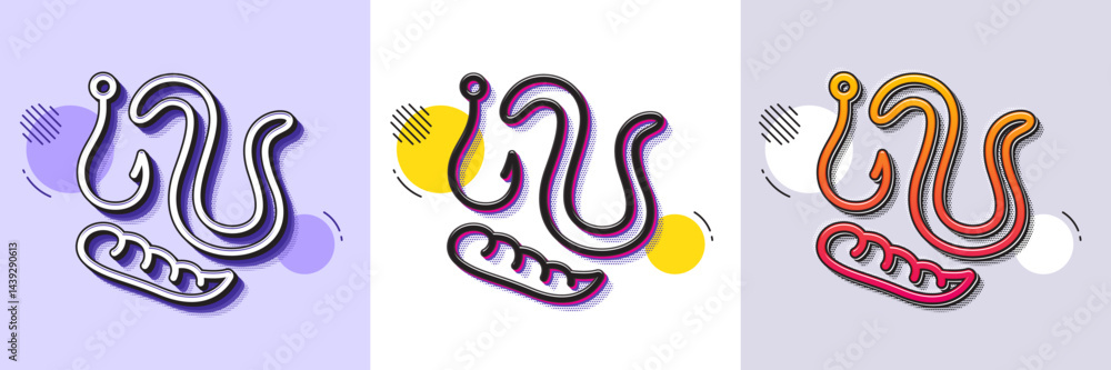 Fototapeta premium Maggots lure line icon. Halftone dotted pattern. Gradient icon with grain shadow. Fishing hook with worms sign. Fishhook bait symbol. Line worms icon. Various designs. Vector
