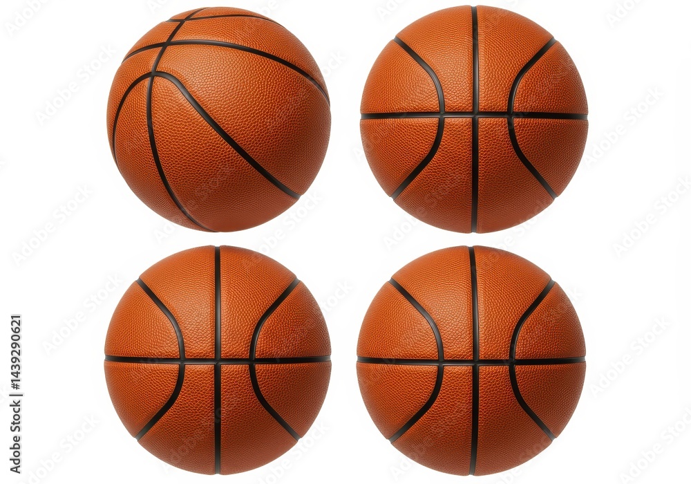 Four basketballs arranged in a square pattern on a white background in a studio setting view from above Four basketballs arranged in a square pattern on a white background in a studio setting view from above