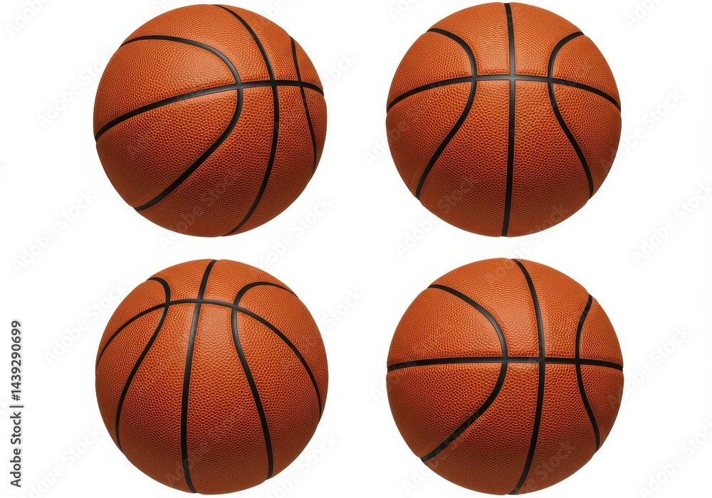 Obraz premium Four basketballs arranged in a square pattern against a plain white background in a studio shot