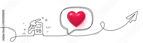 Petrol station line icon. Continuous line with share plane. Filling station sign. E5 petroleum fuel symbol. 3d heart in speech bubble. Petrol station single line ribbon. Loop curve pattern. Vector