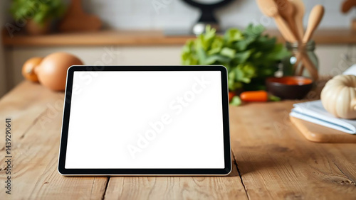 Kitchen Table with Tablet Mockup, Vegetables, and Cooking Utensils