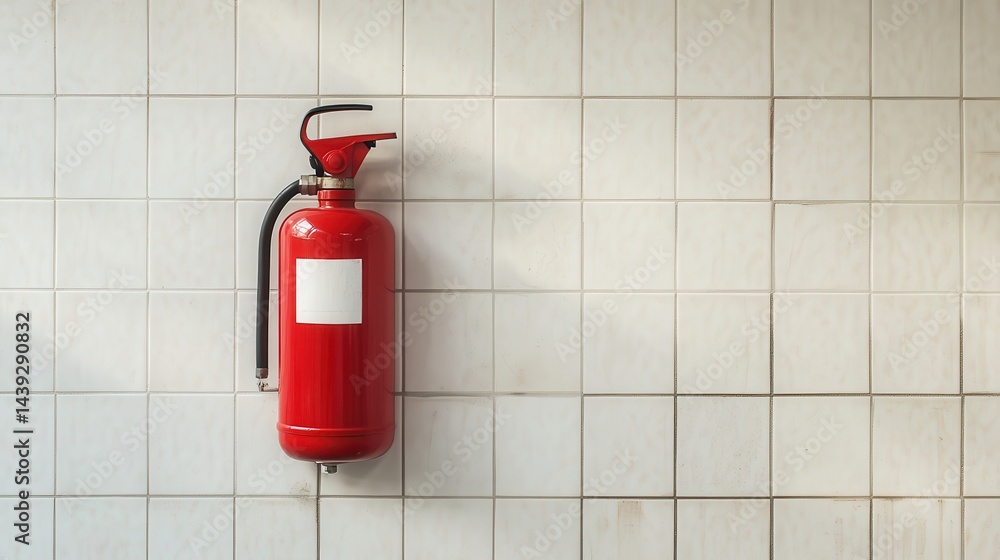 Obraz premium Red fire extinguisher hanging on a tiled wall with a blank white label. Safety concept, to ensure protection in case of fire emergency.