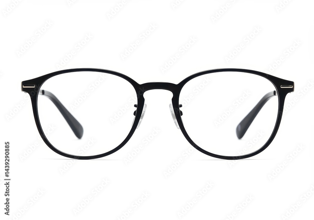 Fototapeta premium A pair of black framed glasses with clear lenses centered on a white isolated background studio shot