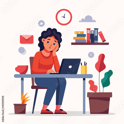 Bored woman sitting at desk. Tired sad office worker. Procrastination, burnout and boredom concept. Depressed upset exhausted lazy student. Flat vector illustration isolated on white background