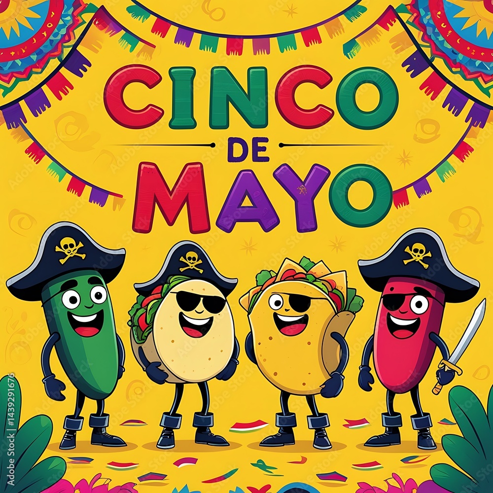 Obraz premium Cinco de Mayo Fiesta with Pirate Food Characters