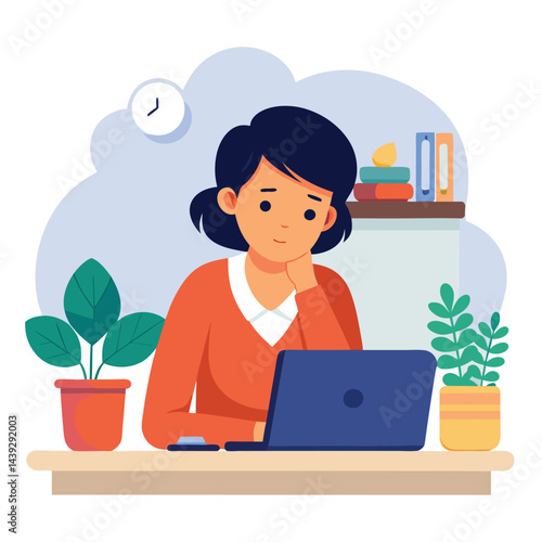 Bored woman sitting at desk. Tired sad office worker. Procrastination, burnout and boredom concept. Depressed upset exhausted lazy student. Flat vector illustration isolated on white background