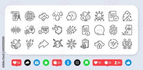 Lightning bolt, Accounting and Sound wave line icons pack. Social media: share, comment, like icons. Idea, Squad, World vaccination web icon. Vector