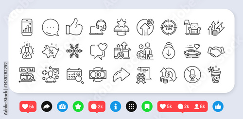 No microphone, Winner podium and Chemistry lab line icons pack. Social media: share, comment, like icons. Snowflake, Certificate, Handshake web icon. Like, Scroll down, Ice maker pictogram. Vector