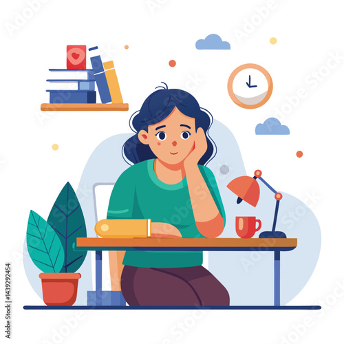 Bored woman sitting at desk. Tired sad office worker. Procrastination, burnout and boredom concept. Depressed upset exhausted lazy student. Flat vector illustration isolated on white background