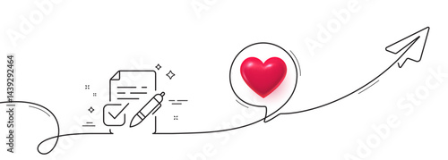 Obraz na płótnie Voting ballot paper line icon. Continuous line with share plane. Vote ticket sign. Public election symbol. 3d heart in speech bubble. Voting ballot single line ribbon. Loop curve pattern. Vector w salonie