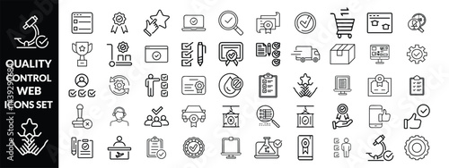 Quality control set of web icons in line style. quality check computing icons for web and mobile app. containing inspection, evaluation, production, quality assurance, certificate, testing and more
