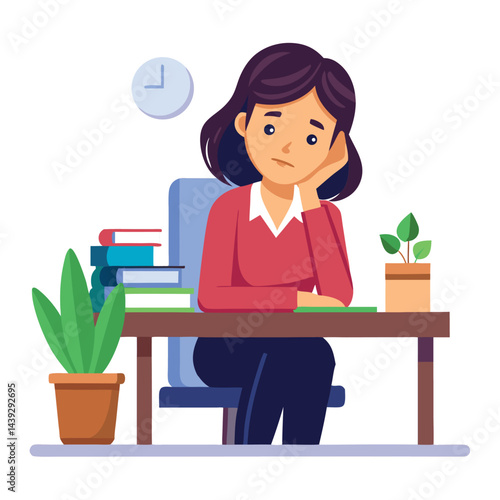 Bored woman sitting at desk. Tired sad office worker. Procrastination, burnout and boredom concept. Depressed upset exhausted lazy student. Flat vector illustration isolated on white background