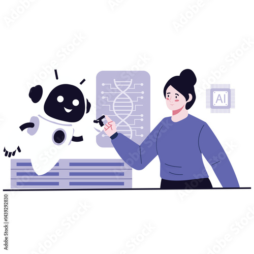 Artificial Intelligence Illustration. Vector illustration of Woman collaborating with AI robot in a lab environment. Isolated on background