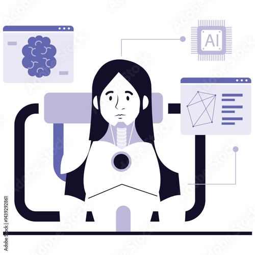 A female robot being developed with AI interfaces and brain diagrams around.