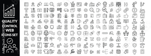 Quality control set of web icons in line style. quality check computing icons for web and mobile app. containing inspection, evaluation, production, quality assurance, certificate, testing and more